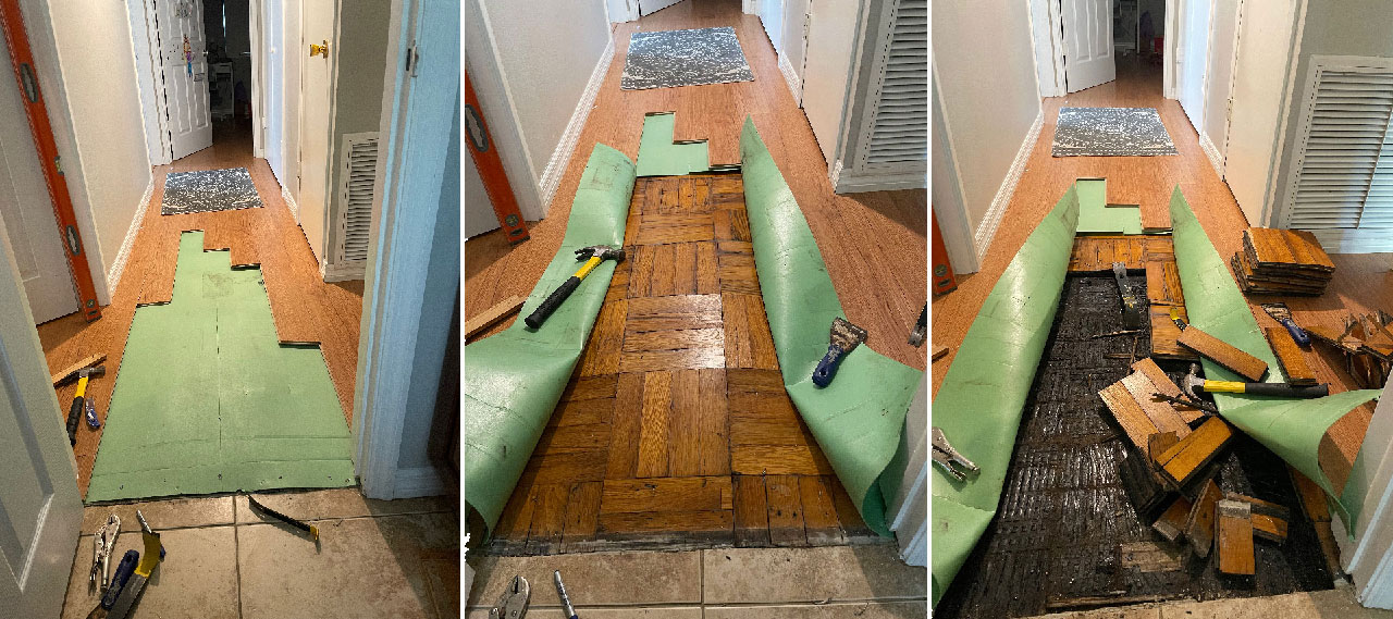 Three photos of hallway floor demolition