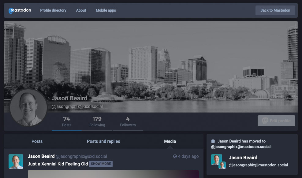 Screenshot of a mastodon profile that has moved.