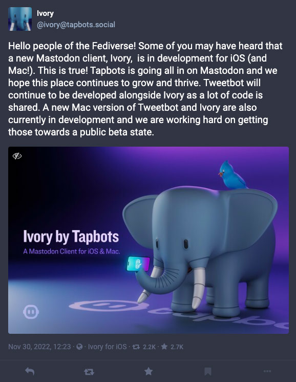 Screenshot of Tapbots' announcement that they're working on a Mastodon client.
