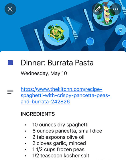 Screenshot of one of our weekly recipes in Google Calendar for iPhone.