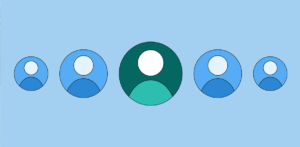 Illustration of several generic avatars with one standing out with contrasting colors and scale.