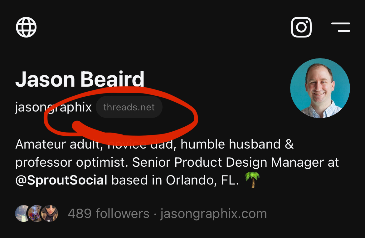 Screenshot of my Threads profile with the "threads.net" domain circled in red.