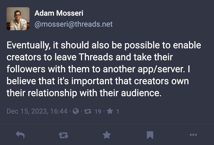 Screenshot of a recent post from Adam Mosseri as seen on Mastodon.