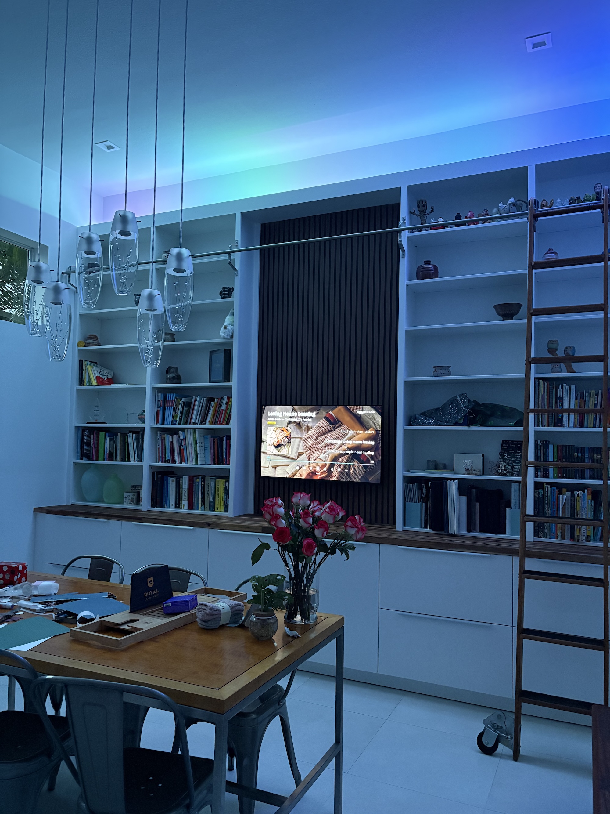 Photo of the room with the top GE Cync lights turned on.