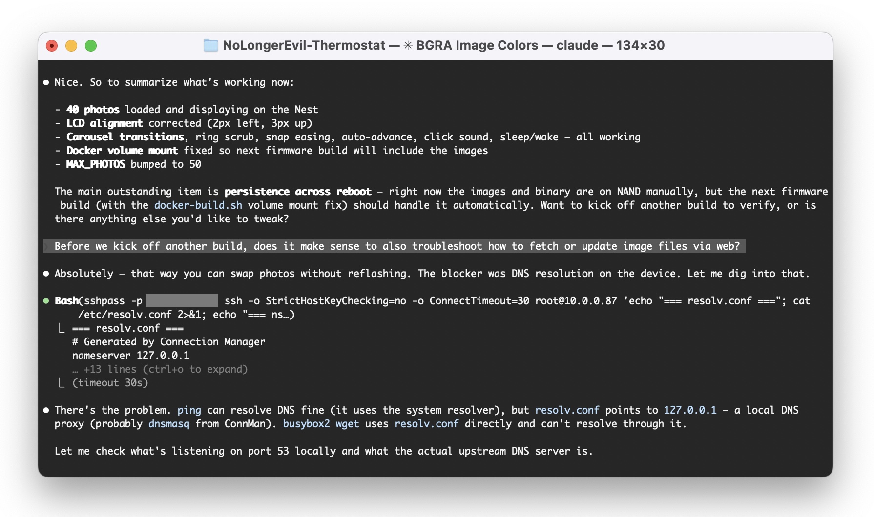 A Mac Terminal screenshot with Claude sharing what we accomplished so far, and me responding with: Before we kick off another build, does it make sense to also troubleshoot how to fetch or update image files via web?