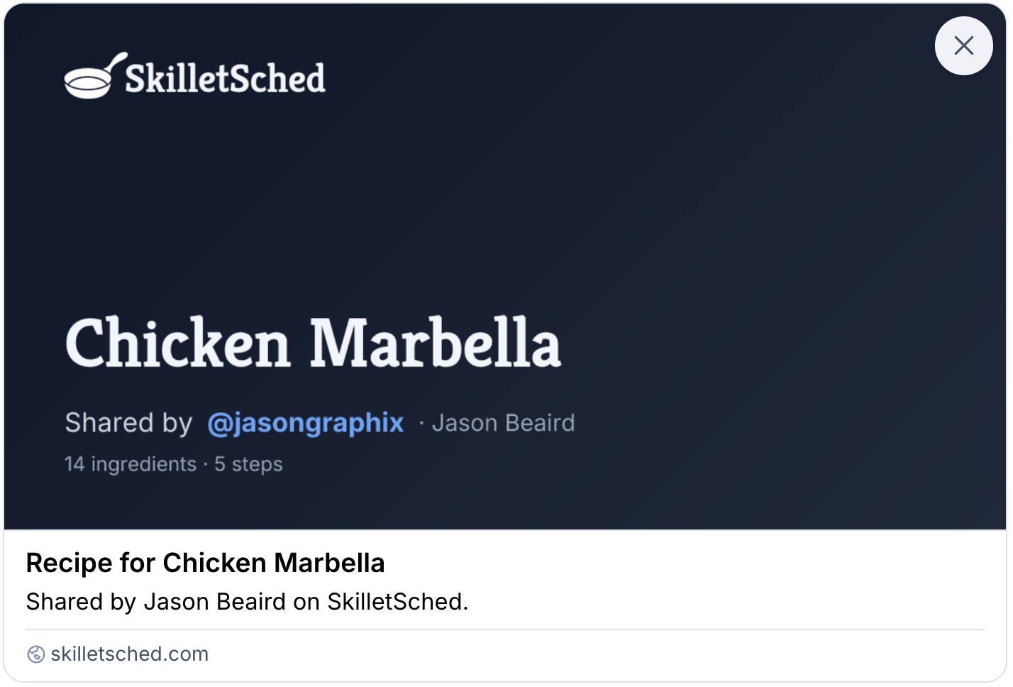 Screenshot of a SkilletSched recipe share card.